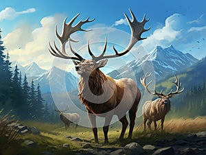 Ai Generated illustration Wildlife Concept of Elk wapiti bull antlers