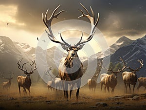 Ai Generated illustration Wildlife Concept of Elk wapiti bull antlers