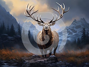 Ai Generated illustration Wildlife Concept of Elk wapiti bull antlers