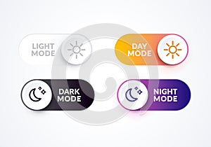 Vector illustration day and night mode switch set. Simple concept of interface ui symbol. On Off or Light and Dark Buttons.