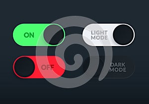 Vector Illustration Modern Interface Switch Set With On, Off, Light Mode And Dark Mode.
