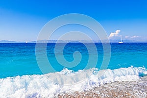 Elli beach landscape Rhodes Greece turquoise water and Turkey view