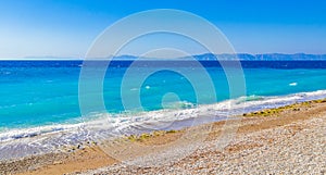 Elli beach landscape Rhodes Greece turquoise water and Turkey view