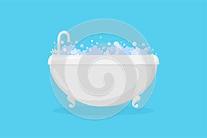 Ellipse bathtub with relax foam and bubbles. Tub with faucet. Vector illustration