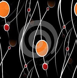 Ellipses and circles pattern red orange with wavy lines white and gray on black blurred