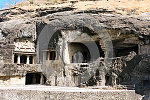 Ellora rock carved Buddhist temple photo