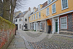 Elm Hill cobbled street with medieval houses from the Tudor period