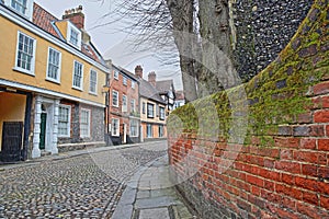 Elm Hill cobbled street with medieval houses from the Tudor period