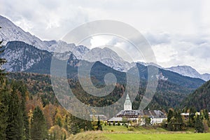 Elmau Castle, Schloss Elmau surrounded by alps near Garmisch-Partenkirchen, Bavaria Germany  photo