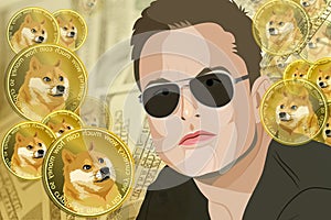 Elon Musk and Dogecoin. Profile portrait of Elon Musk