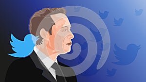 Elon Musk's portrait and Twitter logo. Elon Musk plans to buy Twitter