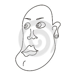 Elongated face of a man, bold guy with an earring. Charismatic cartoon character on white background with black line.