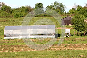 Elongated homemade plastic greenhouse next to white intermediate bulk container or IBC plastic tank in local home garden