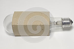 Elongated incandescent light bulb in a cardboard box