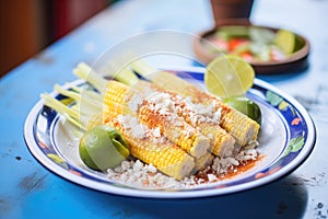 elote with cotija cheese sprinkled on top, on a ceramic plate