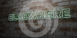 ELSEWHERE - Glowing Neon Sign on stonework wall - 3D rendered royalty free stock illustration