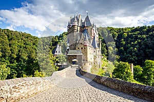 Eltz Castle, a medieval castle located in Germany, Rheinland Pfalz, Mosel region. Beautiful old castle, famous tourist