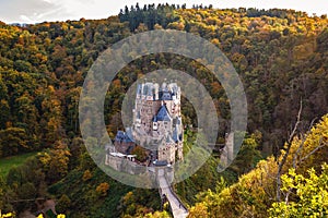Eltz Castle, a medieval castle located in Germany, Rheinland Pfalz, Mosel region. Beautiful old castle, famous tourist