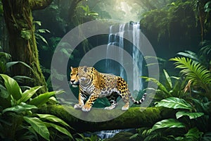 The elusive jaguar in radiant rainforest, surrounded by green lush, verdant, and tranquil ecosystem photo