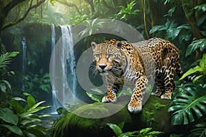 The elusive jaguar in radiant rainforest, surrounded by green lush, verdant, and tranquil ecosystem photo