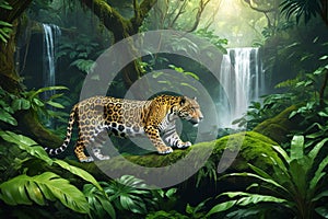 The elusive jaguar in radiant rainforest, surrounded by green lush, verdant, and tranquil ecosystem photo