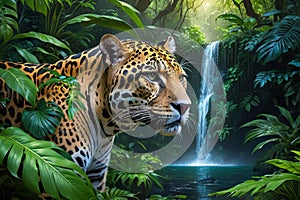 The elusive jaguar in radiant rainforest, surrounded by green lush, verdant, and tranquil ecosystem photo