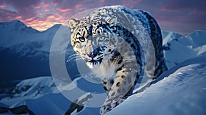 An elusive snow leopard navigating through a snowy mountainscape under the twilight sky