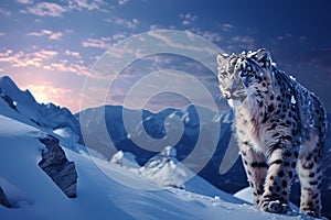 An elusive snow leopard navigating through a snowy mountainscape under the twilight sky