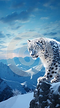 An elusive snow leopard navigating through a snowy mountainscape under the twilight sky