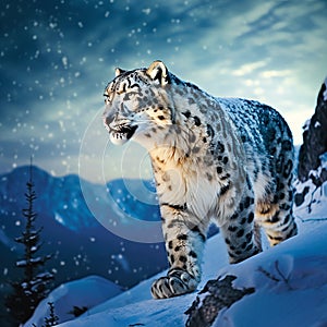 An elusive snow leopard navigating through a snowy mountainscape under the twilight sky