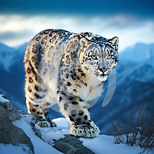 An elusive snow leopard navigating through a snowy mountainscape under the twilight sky