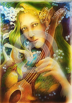 Elven man face with green hair and pearls playing a string instrument, detail