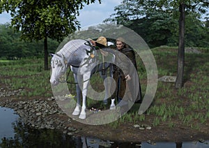 Elven Warrior with Horse, 3D Illustration