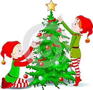 Elves decorate a Christmas Tree