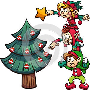 Elves decorating Christmas tree