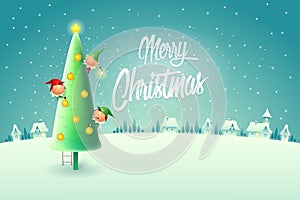 Elves decorating Christmas tree - Merry Christmas greeting card - winter night scene vector illustration