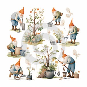 Elves planting an enchanted garden each seed sprouting immediately
