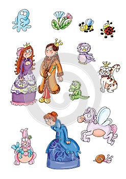 Elves, princess queen, winged horse, owl, cat with crown, ladybug and bee