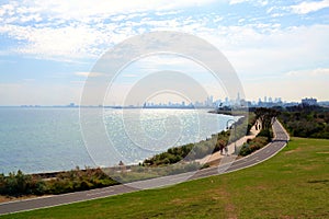 Elwood Beach and Melbourne city skyline