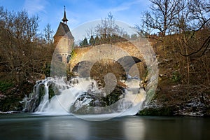 Elzbach stream with waterfall on old mill. next castle to pyrmont (Rhineland-Palatinate, Germanycastle