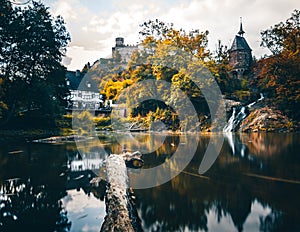 Elzbach stream with waterfall on old mill. next castle to pyrmont (Rhineland-Palatinate, Germanycastle