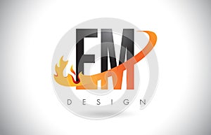 EM E M Letter Logo with Fire Flames Design and Orange Swoosh.