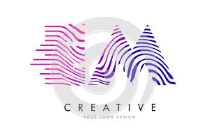 EM E M Zebra Lines Letter Logo Design with Magenta Colors