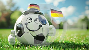 EM European Championship 2024 sport - Soccer ball with thumbs up, on meadow, German flag, Germany, generative ai