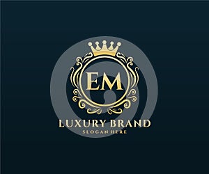 EM Initial Letter Gold calligraphic feminine floral hand drawn heraldic monogram antique vintage style luxury logo design Premium