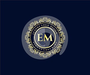 EM Initial Letter Gold calligraphic feminine floral hand drawn heraldic monogram antique vintage style luxury logo design Premium