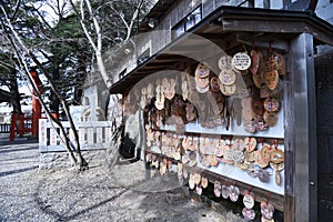 `Ema`  Votive picture tablet  in the Japanese shrine.