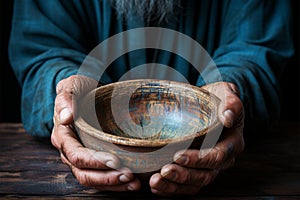 Emaciated hands hold an empty bowl against wood, depicting the reality of hunger photo