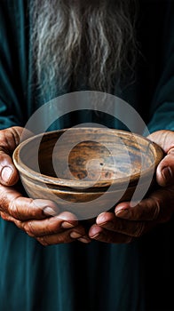 Emaciated hands hold an empty bowl against wood, depicting the reality of hunger photo