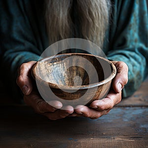 Emaciated hands hold an empty bowl against wood, depicting the reality of hunger photo